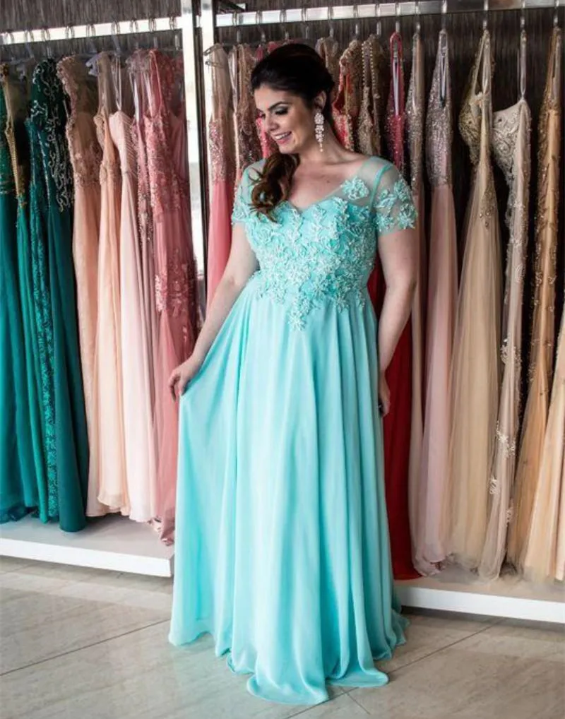

Plus Size Lace Appliques Evening Gown V-Neck A Line Prom Dress Cap Sleeve Chiffon Floor Length Vestidos evening dresses 2020