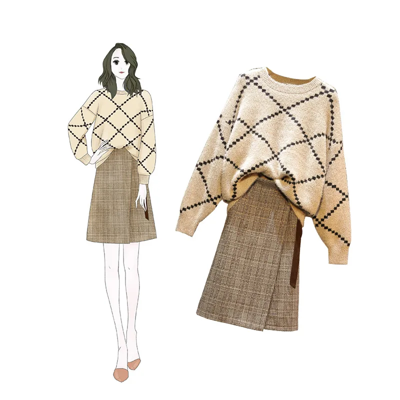 

Fat Mm Large Size Dress 2019 Spring New Style Sweater + Plaid Skirt Large GIRL'S Two-Piece Set