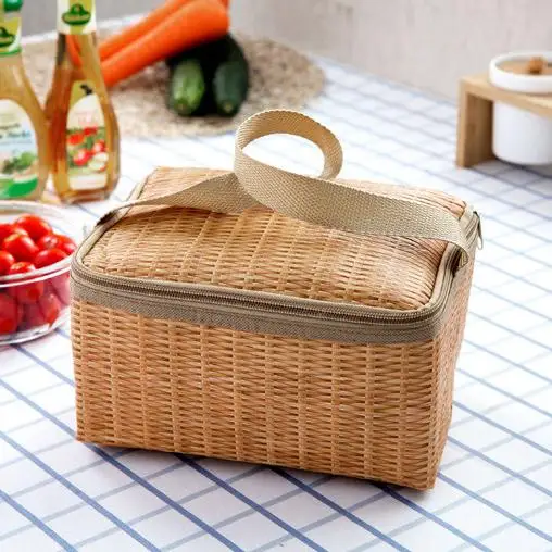 1 Piece Portable Brown Woven Rectangular Thermal Insulation Lunch Box Waterproof Insulated Thickened Bag Picnic Storage 22x14cm