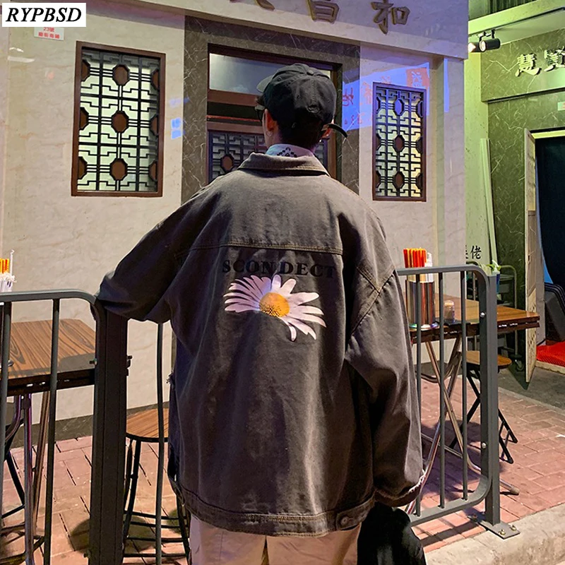 Men Denim Jacket Print Flower Jeans Jacket Men Ripped Cotton Streetwear Loose High Quality Fashion Casual Hip Hop Men Jacket