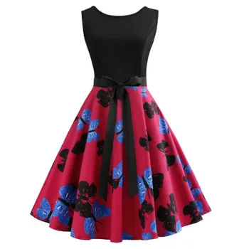 

Floral Vintage Dress Women Summer Sexy Sleeveless Party Dresses Belt 50s 60s Hepburn Robe femme Big Swing Rockabilly Sundress