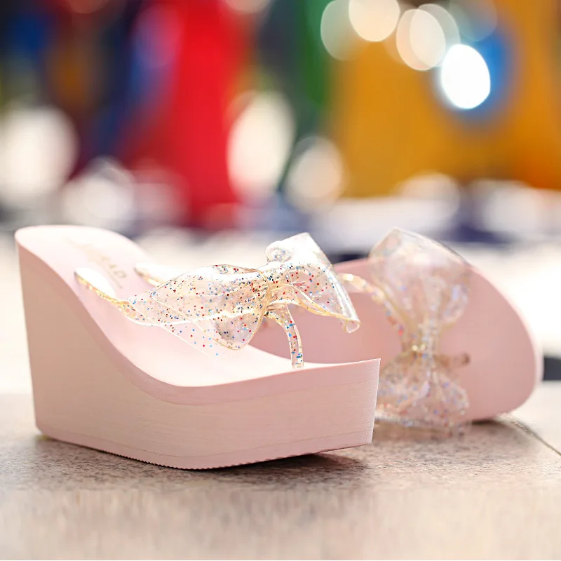 

Luladi Ultra-High-Heel Bow Ladies' Flip Flops Summer Anti-slip Thick Bottomed Slanted Heel Platform Beach Sandals