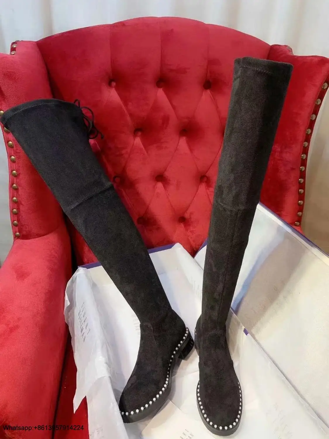Scarpe High Boots Knee Donna Round Toe Chaussures Femme Fashion Women Pearl Shoes Med Heels Scarpe Donna Flock Female Shoes