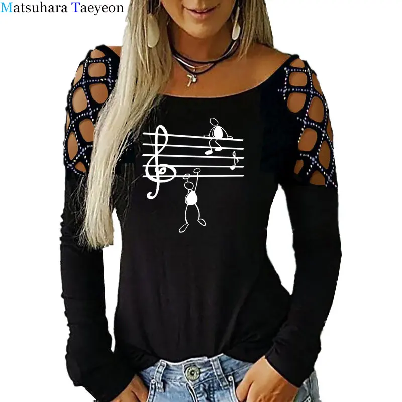 

Fashion new Tshirt Print T-shirt 2020 T Shirts Cotton Music Notes Women tshirts Hollowing out Long sleeves fashion clothes Top