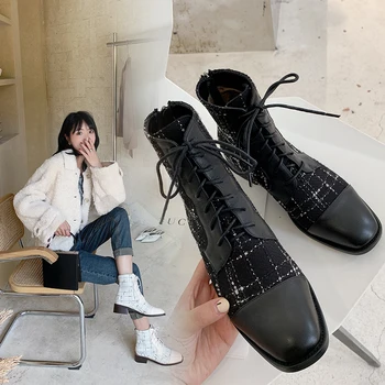 

INS HOT Women ankle boots Genuine Leather 22-25cm cow leather+Plaid cloth Square toe rider boots velvet winter boots women shoes