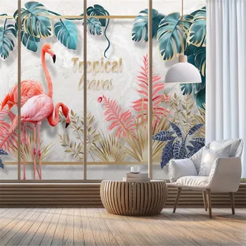 

milofi custom 3D European creative hand-painted tropical plant leaves couple flamingo TV bedroom background wallpaper mural