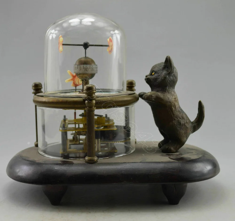 Collectible Decorated Old Handwork Copper Carved Cat Fish Mechanical Table Clock AAAAAAAAA Free shipping