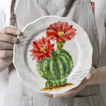 

Round Ceramic Plate Chinese Retro Medium Glaze Flat Plate Creative Personality Flower Decoration Household Tableware