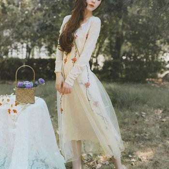 

YAMDI vintage dress women chic 2020 spring autumn embroidery mesh lace elegant runway maxi long dress long sleeve vestidos