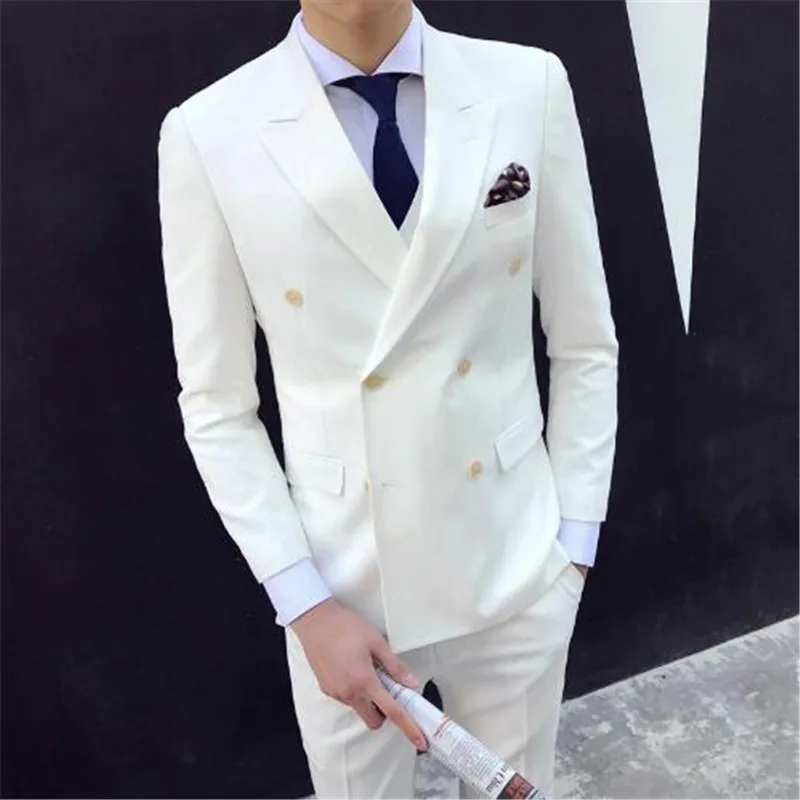 

New Arrival White Double Breasted Men Suit Slim 2Piece Tuxedo Groom Suits Custom Prom Blazer Terno Masculino(Jacket+Pant+Tie)