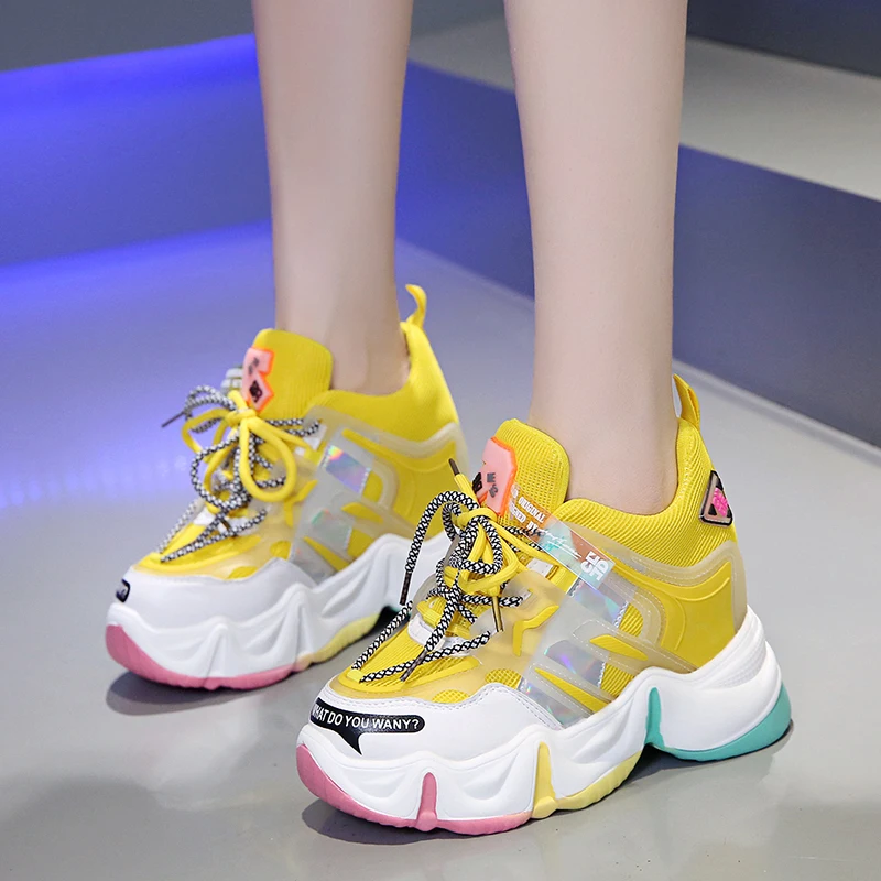 

super high heels chunky sneakers women autumn thick bottom height increasing casual shoes woman mesh platform Vulcanize