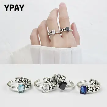 

YPAY Real 925 Sterling Silver Open Ring For Women Square Zircon Chain Ring Vintage Do The Old Hollow Rings Bijoux Femme YMR076