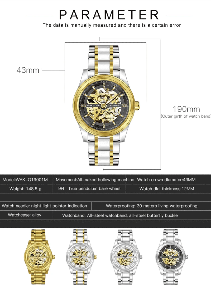 WAKNOER мужские часы Топ бренд класса люкс автоматические турбийон механические часы Мужские Модные полые мужские часы Relogio Masculino
