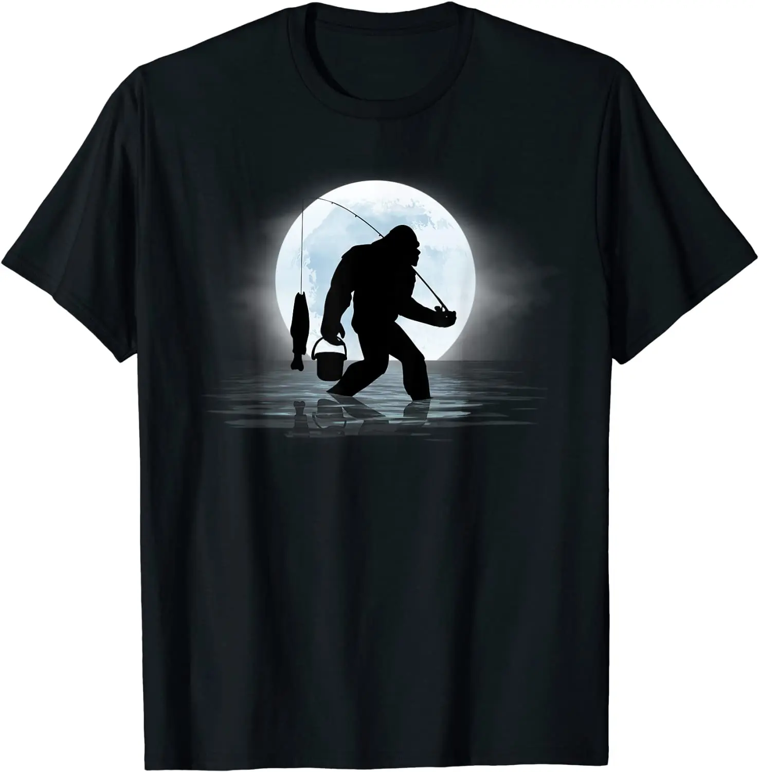 

Bigfoot Funny Sasquatch and Fish Night T-Shirt Unique Tops Tees for Men Cotton T Shirts Printed Cheap