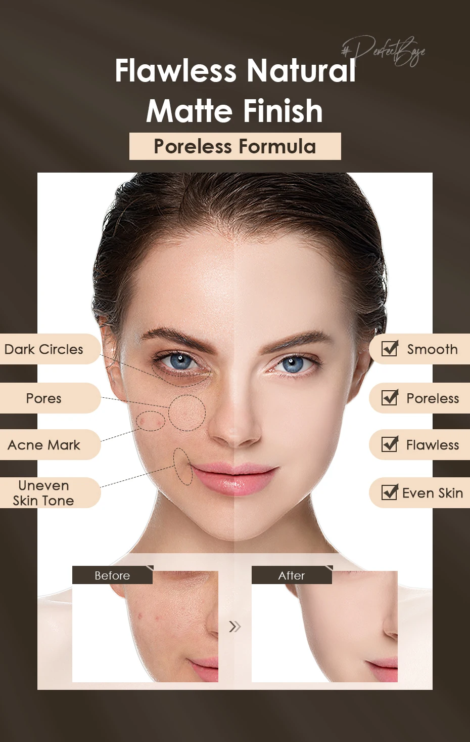 Focallure Lasting Poreless Liquid Matte Foundation Invisible Pores Natural Coverage Oil-control Waterproof Face Makeup