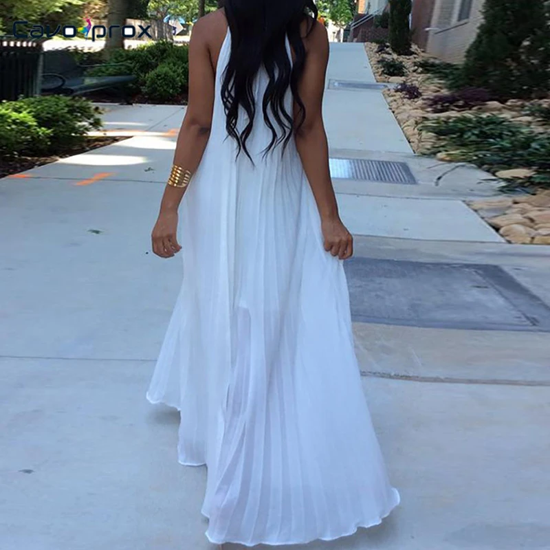 Женское летнее Плиссированное Повседневное платье макси с лямкой на шее