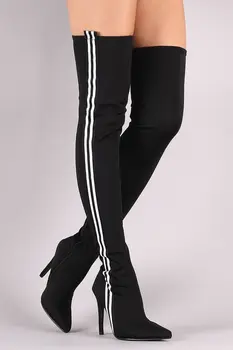 

EMMA KING Stretch Boots Women Sexy Black and white Stripe Heels Pointed Toe Zipper Runway Shoes Women Over The Knee Boots 2020