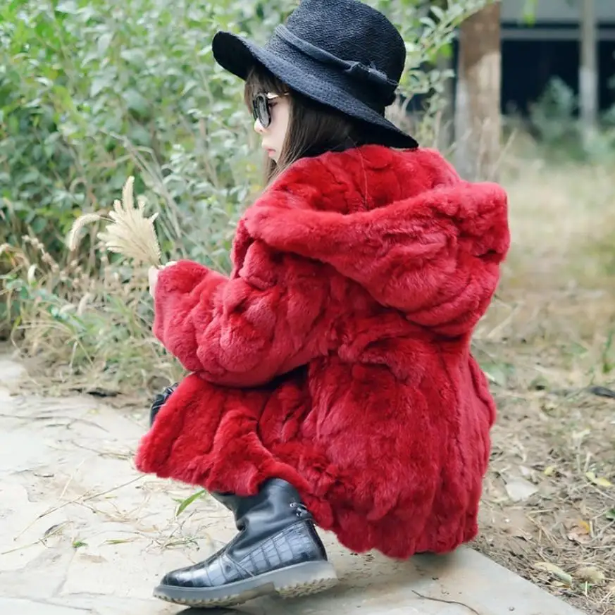 Зимняя куртка для девочек, настоящий мех кролика детская утепленная теплая куртка с капюшоном, натуральная меховая шуба, куртка Modis для холодной погоды, Y2039