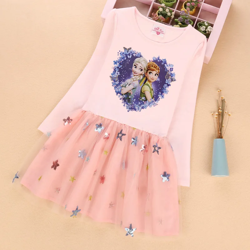 Jargazol/осеннее платье принцессы с длинными рукавами сетчатый костюм с блестками и принтом Эльзы и Анны для девочек осенняя одежда для маленьких девочек детская одежда