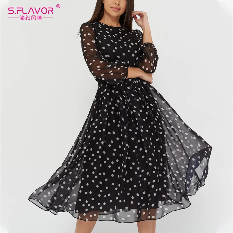 S.FLAVOR Elegant Dot Print Long Sleeve Women Dresses 2020 New Boho Casual O Neck Chiffon A LIne Dress Vintage Party Vestidos