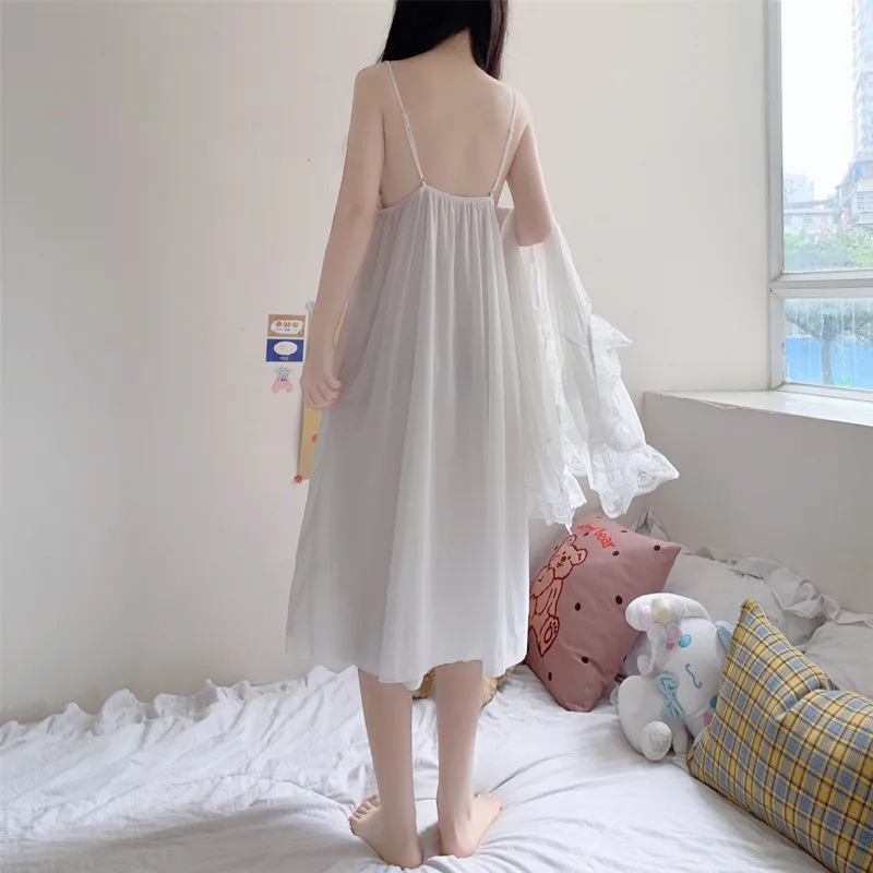 White Robe Loungewear Satin Kimono Strappy Women Sexy Silk Lingerie Lace Nightgown Summer Sleepwear Wedding Brides Nighedress