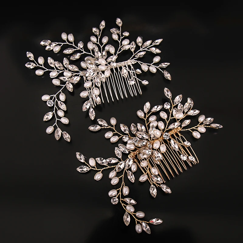 

Exquisite Gold Flower Hair Combs For Bride Rhinestones Pearl Wedding Headdress Hair Jewelry Crystal Hair Accessories Trombone