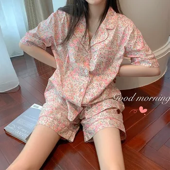 

Floral Printed Pink Color Girl Home Clothes Heart Floral Printing Two Piece Shorts Pajama Set Short Sleeve Shorts Satin Pajamas