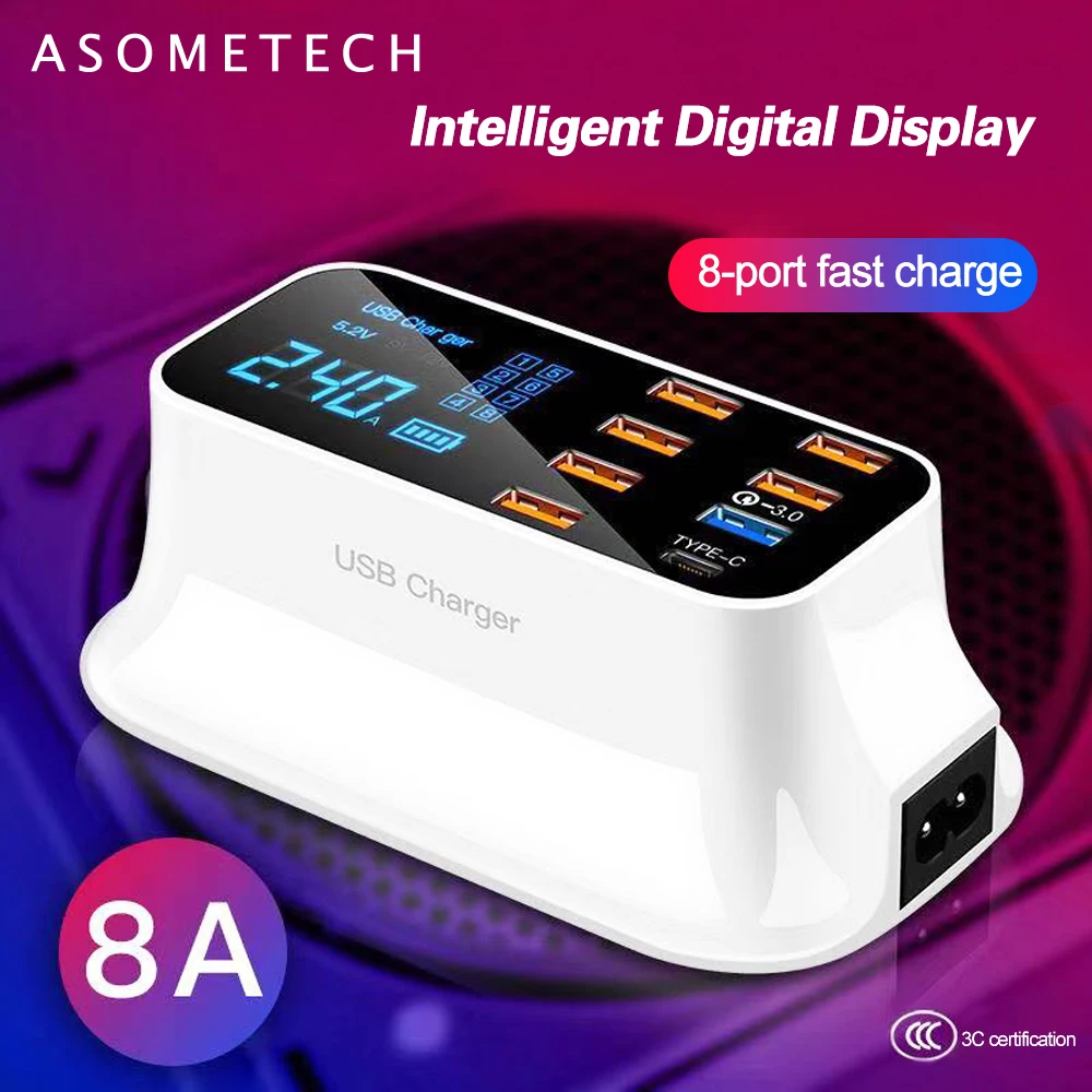 US $22.07 8 Ports QC30 Type C USB Charger For Android IPhone Adapter Phone Tablet Digital Display Fast Charger For Xiaomi Huawei Samsung