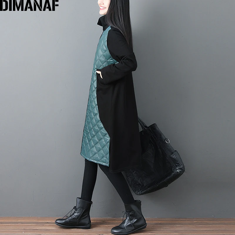 DIMANAF Женский пуловер, свитшот, водолазка, плюс размер, хлопок, утолщенные женские топы, винтажные черные Лоскутные свободные, Осень-зима