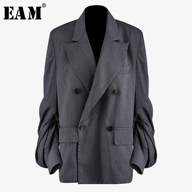 

[EAM] Women Gray Pleated Split Blazer New Lapel Long Lantern Sleeve Loose Fit Jacket Fashion Tide Spring Autumn 2020 1N497