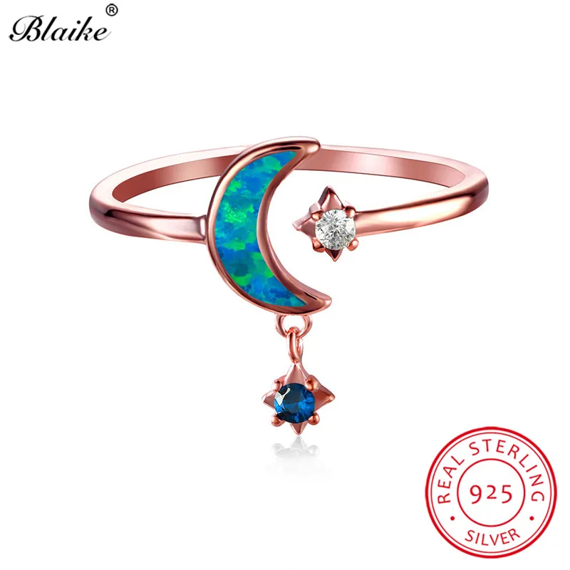 Rose Gold Ring 925 пробы серебряные кольца для женщин милые маленькие звезды луна кольцо Обручальные кольца розовое золото Синий огненный опал ювелирные изделия, обручальное кольцо Cz - Цвет камня: Rose Gold Ring