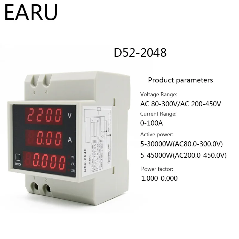 DIN-rail Multi-function Meter AC80-300V AC200-450V 100A Digital LED Voltage Current Active Power Factor Energy Meter Voltmeter