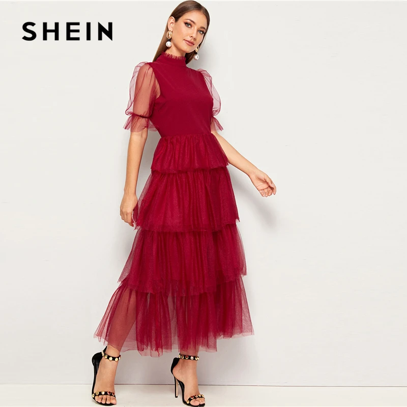 SHEIN модное многослойное Сетчатое платье с оборкой на шее и пышными рукавами однотонное женское платье трапециевидной формы со стоячим воротником весна-осень