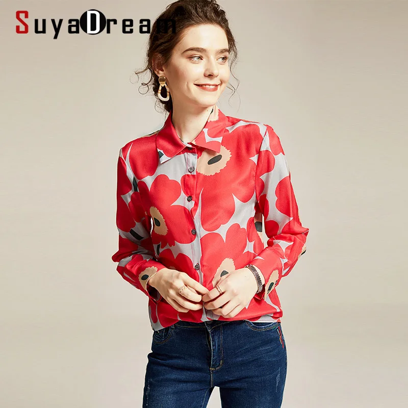 Блузка SuyaDream женская с принтом 100% шелк креп длинные рукава отложной воротник на