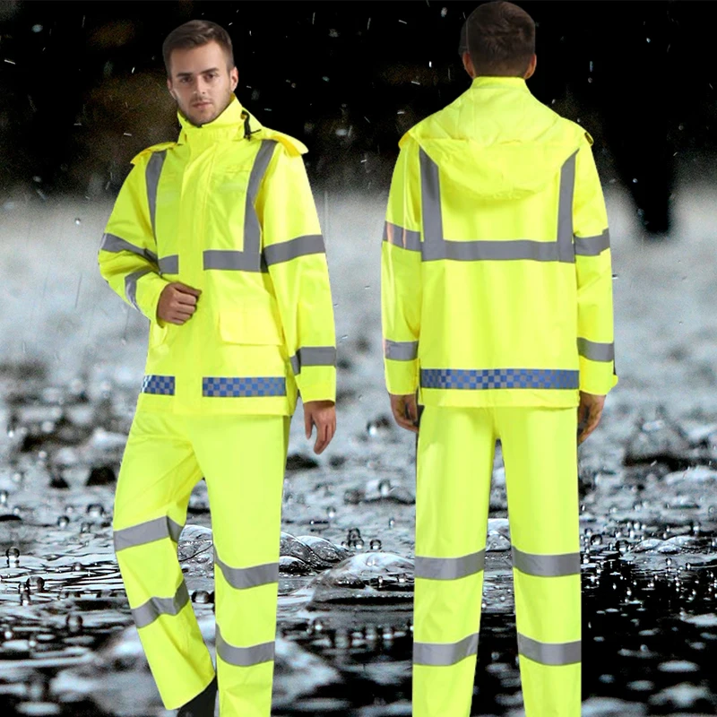 

1Set Reflective Safety Workwear Safety Protective Work Clothes Traffic Warning Raincoat Rain Pants Suit Working Outdoor Overalls