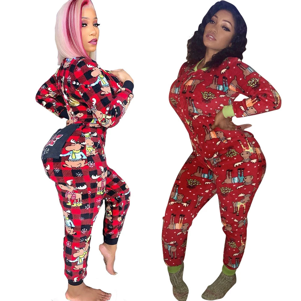 New Christmas Printed Long Sleeve Homewear Jumpsuit Sexy Slim Fit Bodysuit Fashion Pajamas for Women Sleepwear Mujer