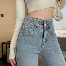 

2021 new spring and autumn design sense women's high waist elastic thin tight light color small foot pencil jeans PD