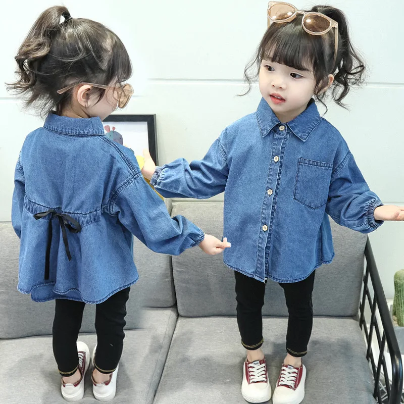 

2019 Spring New Style Girls' Denim Blouse Child Back Waist Hugging Shirt Korean-style Solid Color