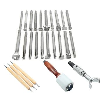 

25PCS/Set Manual Leather Craft Stamping Carved Wooden Hammer Embossing Tools Kit Stainless Steel