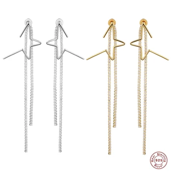 

925 Sterling Silver Star Long Tassel Dangle Earrings For Women Geometric Zircon Elegant Charms Drop Ear Fine Jewelry Accessories