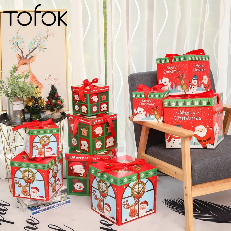 Tofok 3 шт./компл. Merry Christmas квадратная коробка для конфет сумка Рождественская елка Подарочная коробка с бумагой крафт сумка для подарков украшения вечерние
