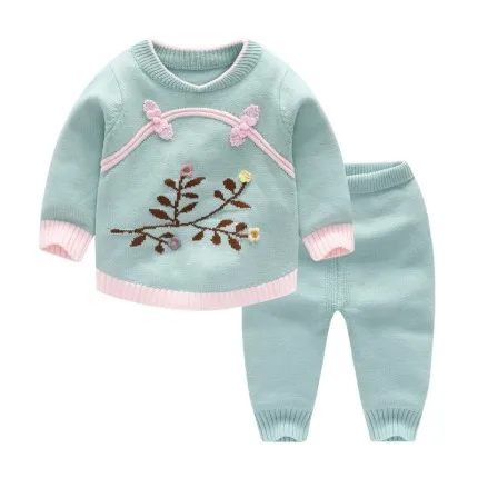 Весенне-осенний шерстяной комплект для маленьких девочек и мальчиков вязанный хлопковый свитер, комплекты одежды теплый пуловер для малышей, брючный костюм Одежда для новорожденных