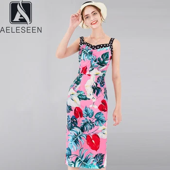 

AELESEEN Runway Fashion Bodycon Dress 2020 Spring Summer Women's Spaghetti Strap Dots Flower Print Slim Midi Elegant Party Dress