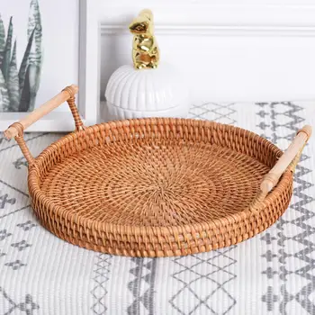 

Hand-Woven Round Rattan Tray Fruit Snacks Storage Basket Organizer with Handle