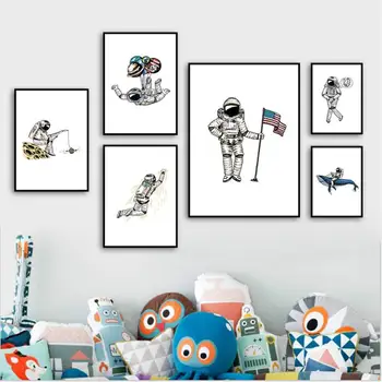 

Watercolor sketch style cartoon astronaut and animal family decoration painting poster hight quality home Decor No Frame o929