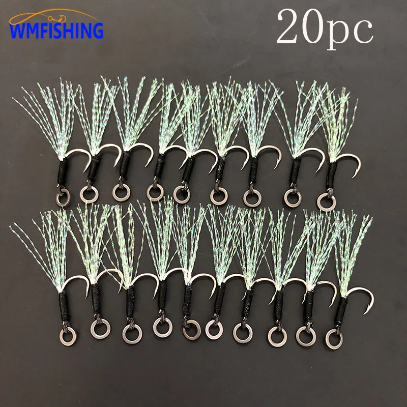 20pcs Assist Hook Fishing Lure Slow Jigging Solid Cast Jigs Barbed Single  Jig Hooks Thread Feather Pesca High Carbon Steel Peche