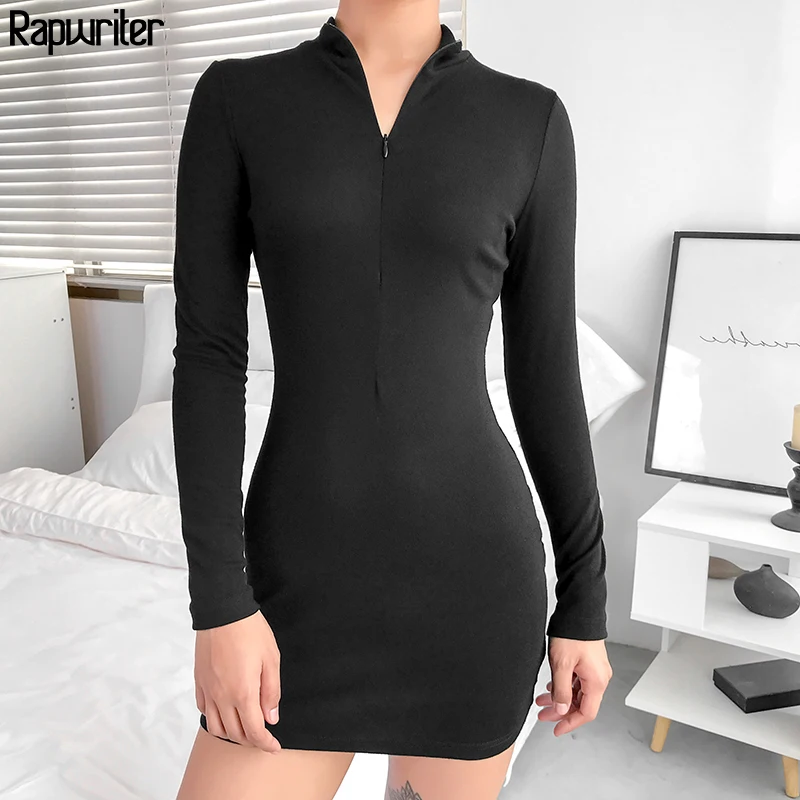 

Rapwriter Sexy Skinny Turtleneck Invisible Zipper Mini Basic Dress Women 2019 Fall Winter Long Sleeve Slim Pencil Party Dress