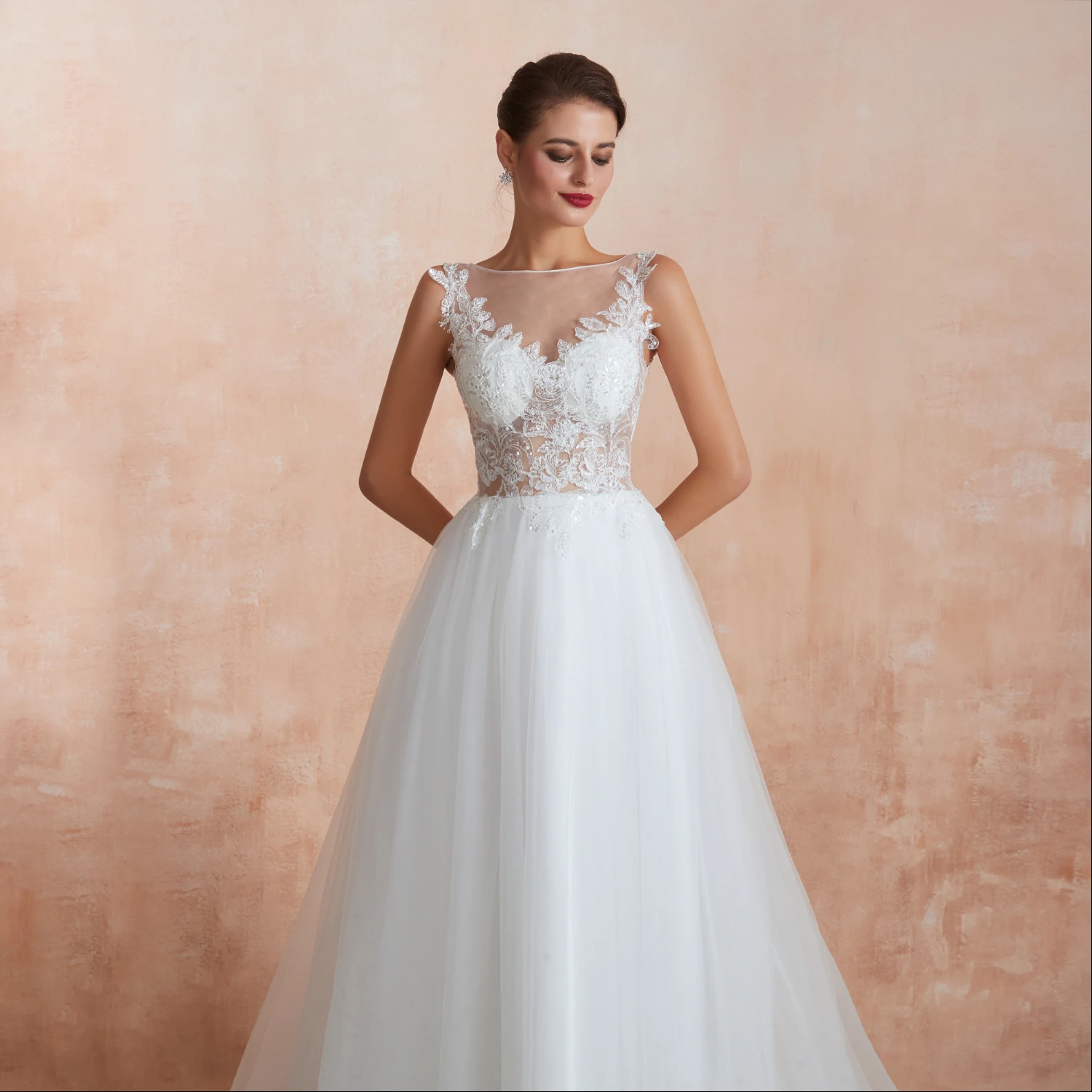 Vivian's Bridal Boho пляжное ТРАПЕЦИЕВИДНОЕ свадебное платье пикантная Иллюзия сетка Блестки Кружева Аппликации 3 слоя Тюль развертки поезд