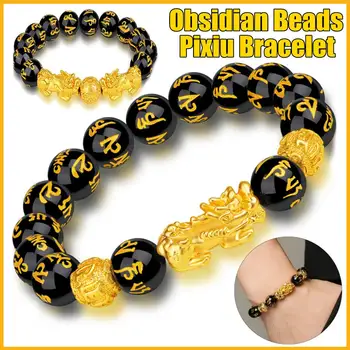 

2 Pcs Obsidian Stone Beads Bracelet Men Women Unisex Wristband Gold Black Pixiu Wealth and Good Luck Unisex Feng Shui Bracelet