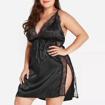 

Women Sexy Nightwear Plus Size S-XL Lace Nightgown Sleepwear Dress Split Sexy Lingerie Robe